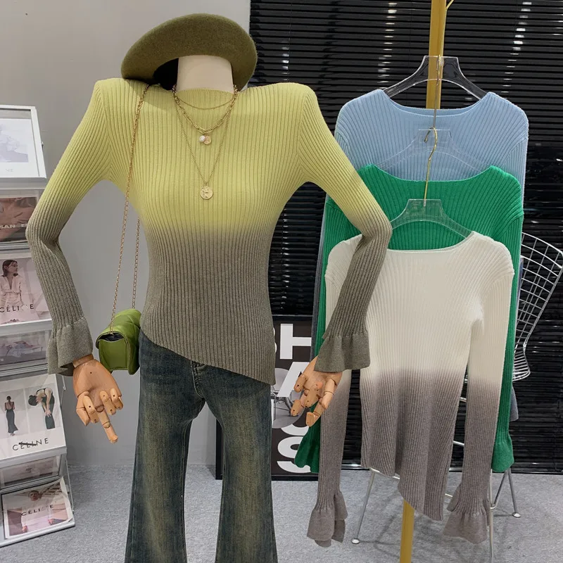

Gentle Elegant Slim Fit Gradient Color Irregular Ruffle long Sleeve Tight Slim Pullover Knitted Top for Women