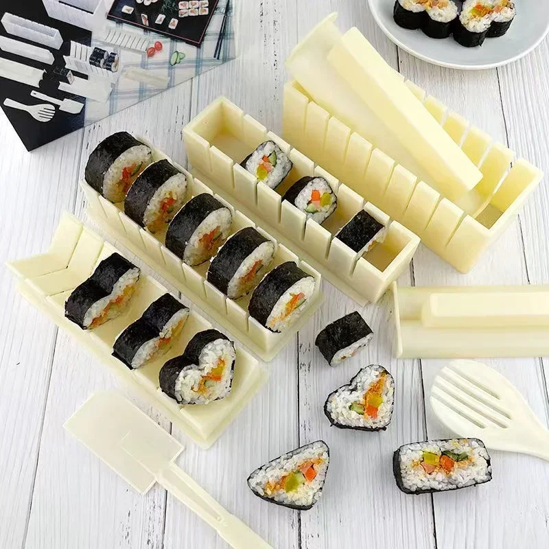 

DIY Sushi Making Kit with Complete Sushi Set,Plastic Sushi Maker Set with 8 Shapes Rice Roll Mold Heart/Square/Triangle/Round