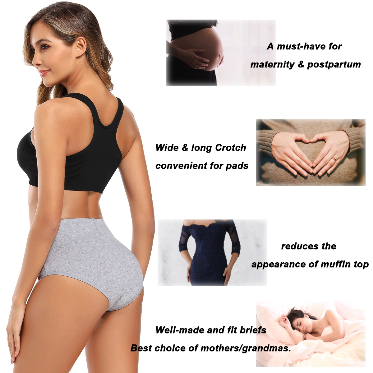 Molasus 5pcs Women\'s Breathable Cotton Panties High Cut Belly Control Briefs Ladies C Section Recovery Underwear Gray Plus Size