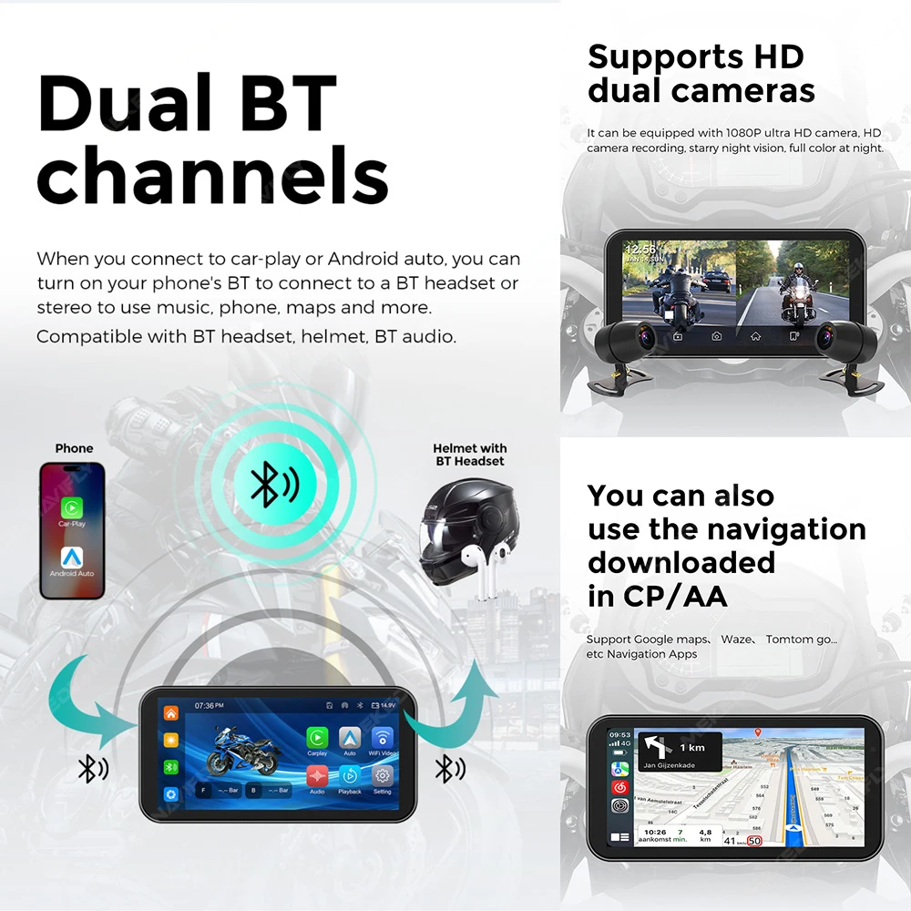 NaviFly 6.25 Inch Wireless Carplay & Android Auto Motorcycle IPX7 BT Helmet Navigation Display Screen Portable DVR TPMS