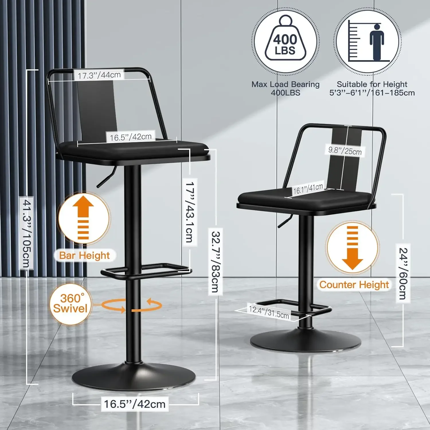 Raynesys Metal Swivel Barstools Set of 2,Enlarged PU Leather Seat with Metal Back, Adjustable from 24" to 33" for Counter Height 6