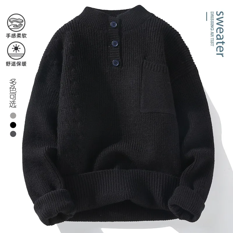Trendy Solid Color Men Knitted Sweaters Half High Collar Button Pullover Tops Autumn Winter Versatile Knitwear Men Clothing 3
