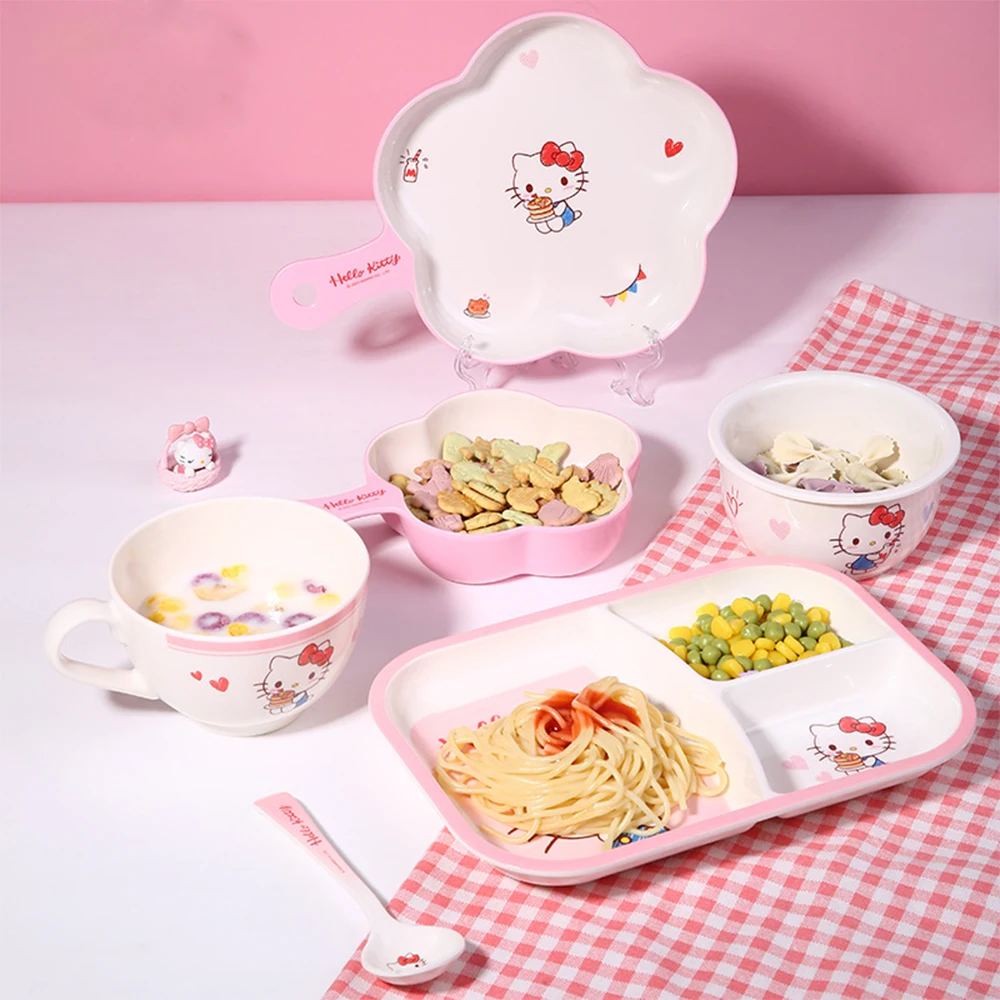 1pc Sanrio Hellokitty Tableware Safe And Heat-Resistant Three Grid Plate Spoon Handle Cup Melamine Tableware For Cutlery Bowl