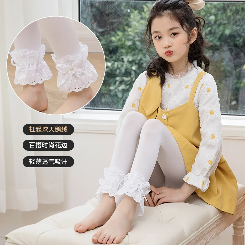 Summer thin girls big lace bud silk satin bow knot cropped trousers velvet lace anti-balloon all-match fashion baby kids pants