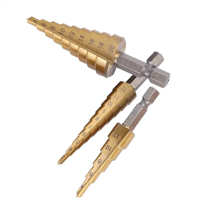 3-12 4-12 4-20MM HSS Straight Fluted Pagoda Step Drill 3Pcs Cloth Bag Hex Shank Reamer Bit Set Titanium Coated Wood Metal Hole drill bit set