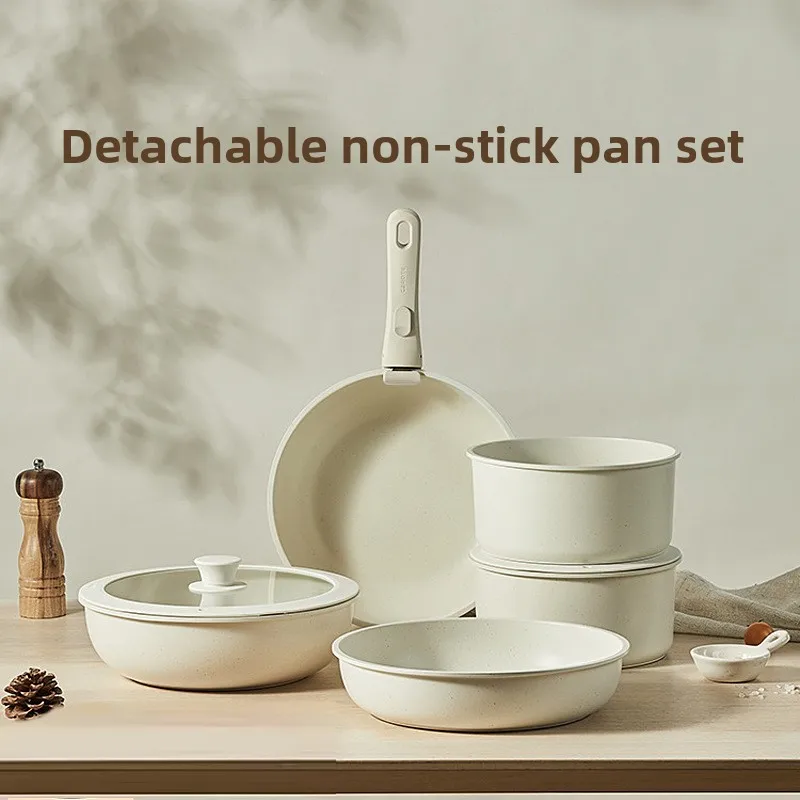 Detachable Handle Non-Stick Cookware Set Kitchen Pots and Pans Set Maifan Stone Frying Pan Soup Pot Milk Pot