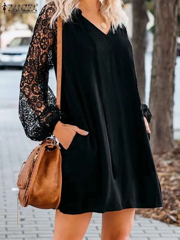 

Fashion Hollow Out V Neck Robe ZANZEA Women Long Sleeve Mini Dress Vintage Crochet Lace Stitching Sundress Casual Loose Dresses