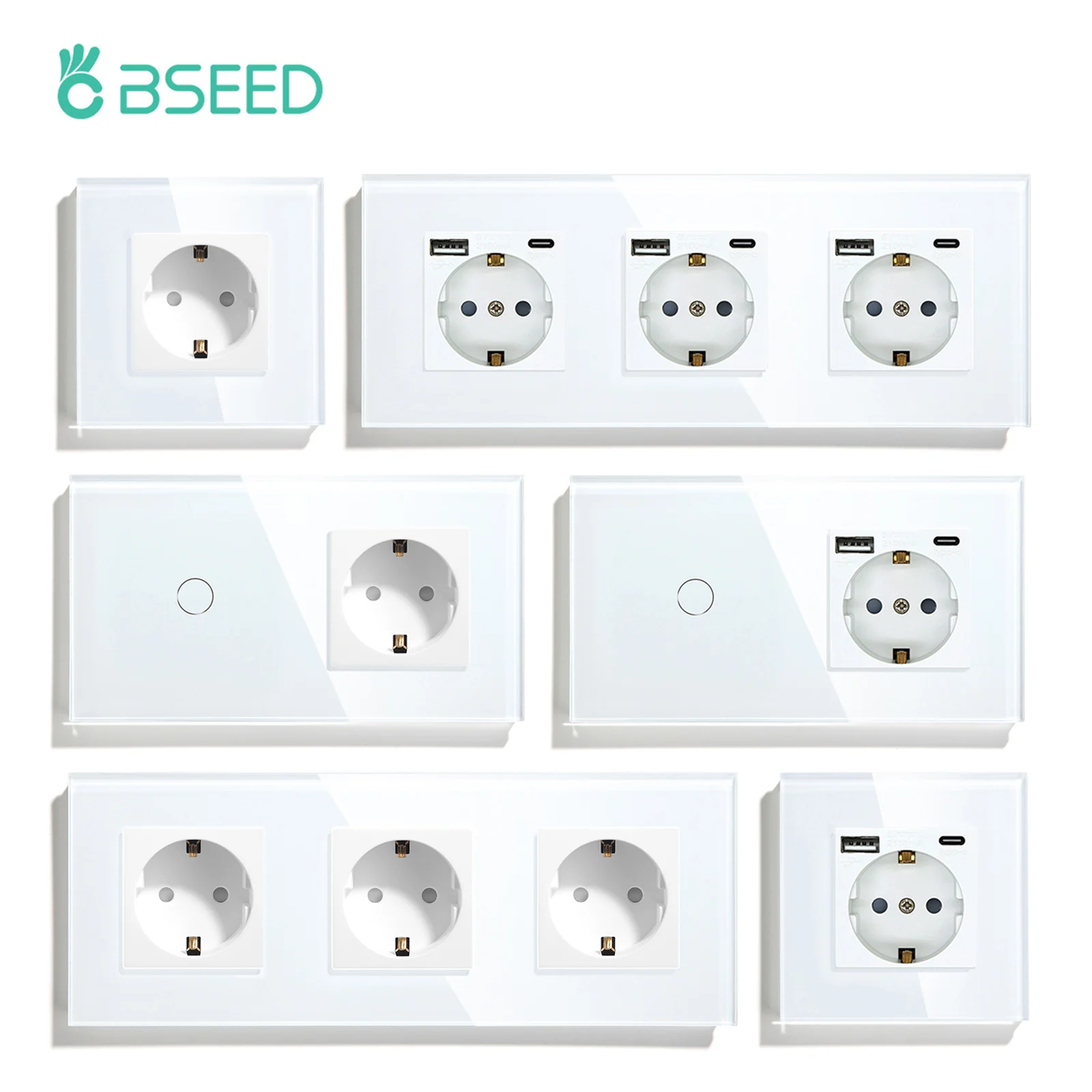 BSEED Touch Light Switch With EU Power Wall Sockets White Wall Led