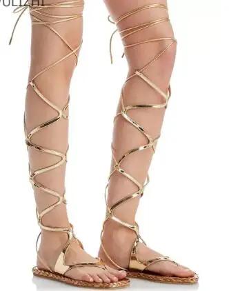 

Gold Leather Gladiator Cross Strap Slingback Flat Knee High Boots Women Leisure Clip Toe Lace Up Thong Long Beach Shoes Lady
