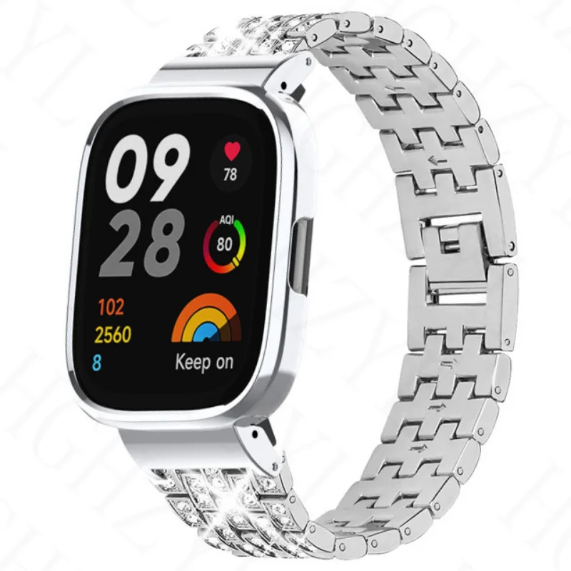 Luxurious Bling Diamond Metal Watchband with Case Protector and Bracelet - Elegant Watch Cover Bumper Frame