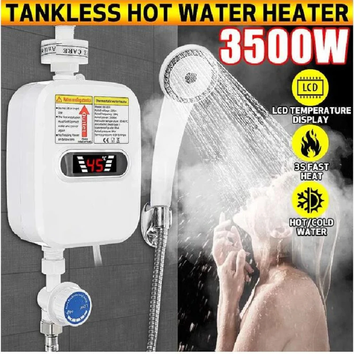 3500W Tankless Water Heater Faucet Shower Instant Water-Heater Tap Heating Instant Hot Water for Kitchen and Bathroom