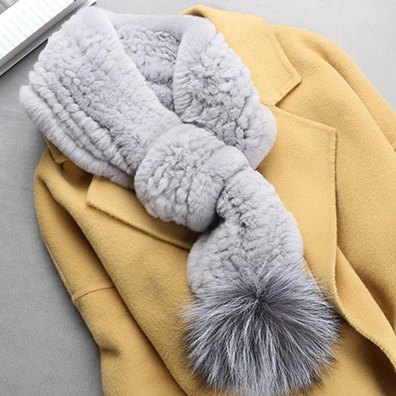 winter fur scarf real knit rex rabbit fur scarf with silver fox fur bigger balls fur pompoms fox fur shawls neckwarmer