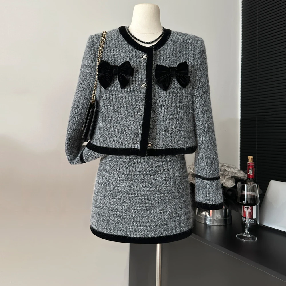 

Small Fragrant New Winter Fashion Korean Sweet Elegant 2 Piece Set Women Short Coat Top + Mini Skirt Suits Womens Two Peice Sets