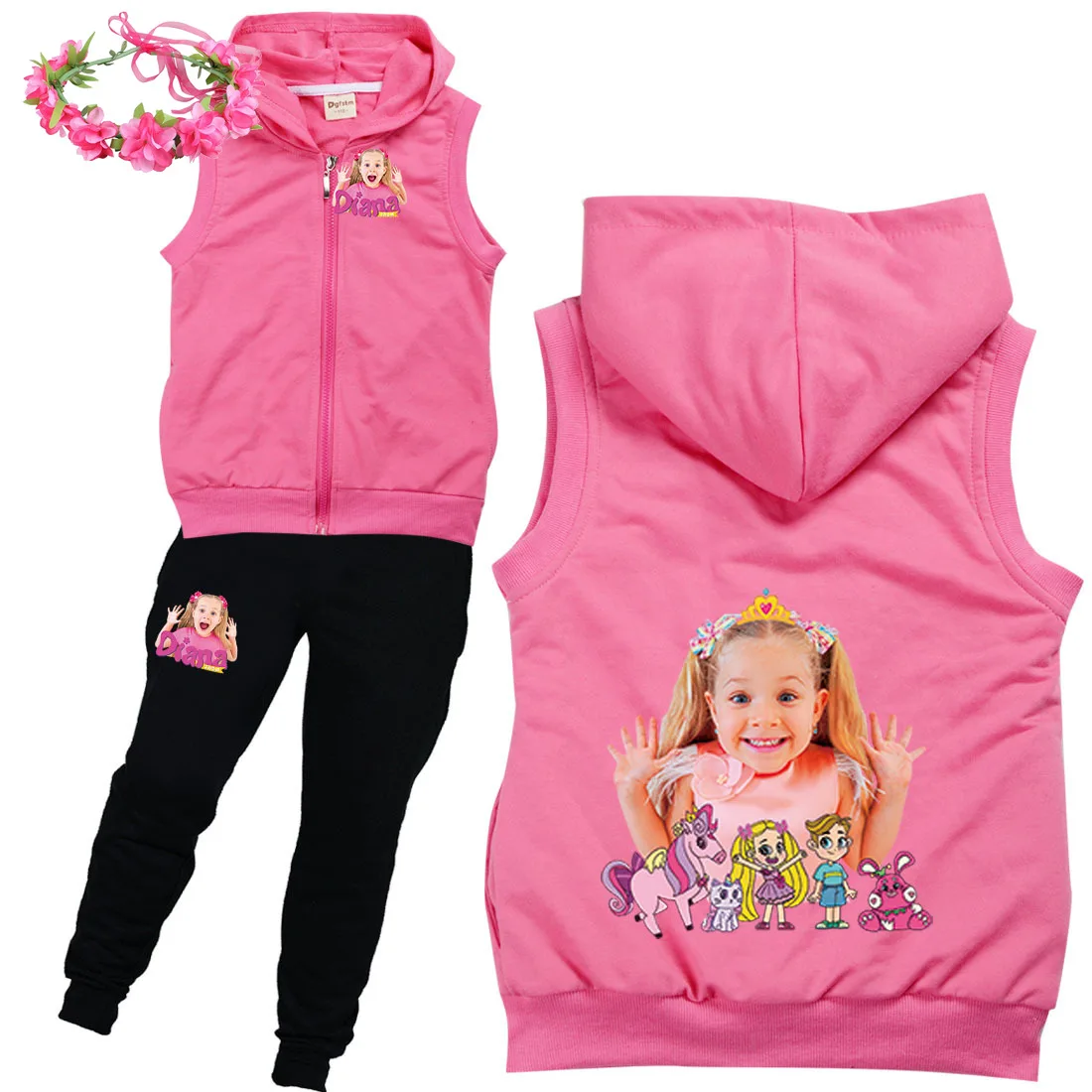 

Diana and Roma Show Clothes Kids Cartoon Tracksuit Baby Girls Sleeveless Zipper Jackets Pants 2pcs Sets Toddler Boys Sportsuits