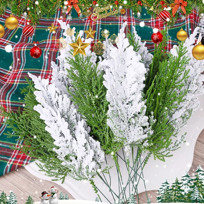 Branches de pin artificielles en flocons de neige, fausses plantes vertes de Noël, feuilles de pin, guirlande DIY, décorations d'arbre de Noël, décoration de fête du Nouvel An_voghion.com