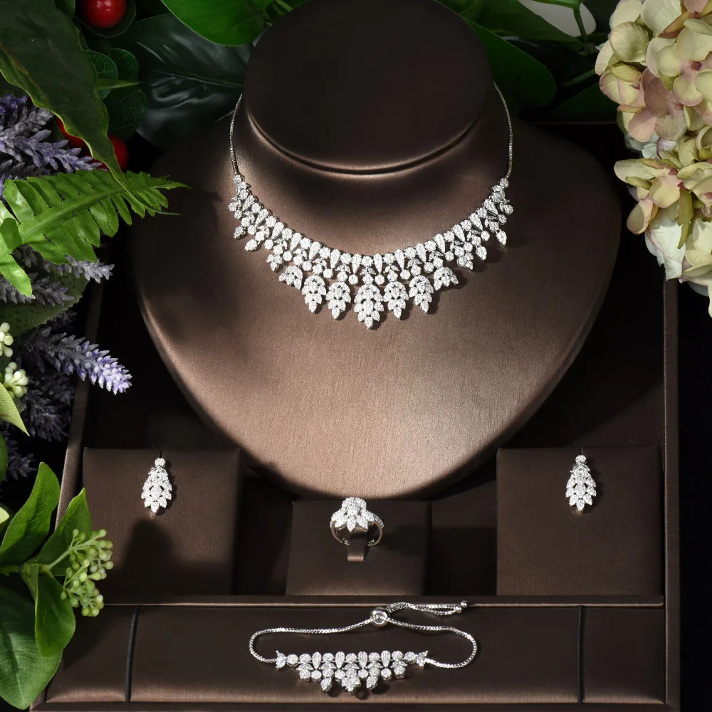 

Fashion Leaf Flower Adjustable Necklace Bracelet Sets 4pcs Cubic Zirconia Jewelry Sets for Women Bridal Nigeria Wedding N-1064