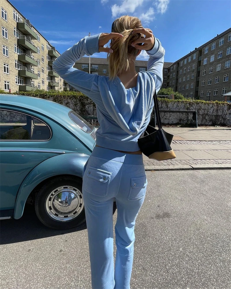 Solid Velvet Two Piece Set Women Tracksuits Long Sleeve Zipper Jacket Top Button Pockets Wide Leg Pants Streetwear Suits women s fashion solid color loose cami bib overalls v neck big pockets sleeveless jumpsuits spaghetti strap long rompers