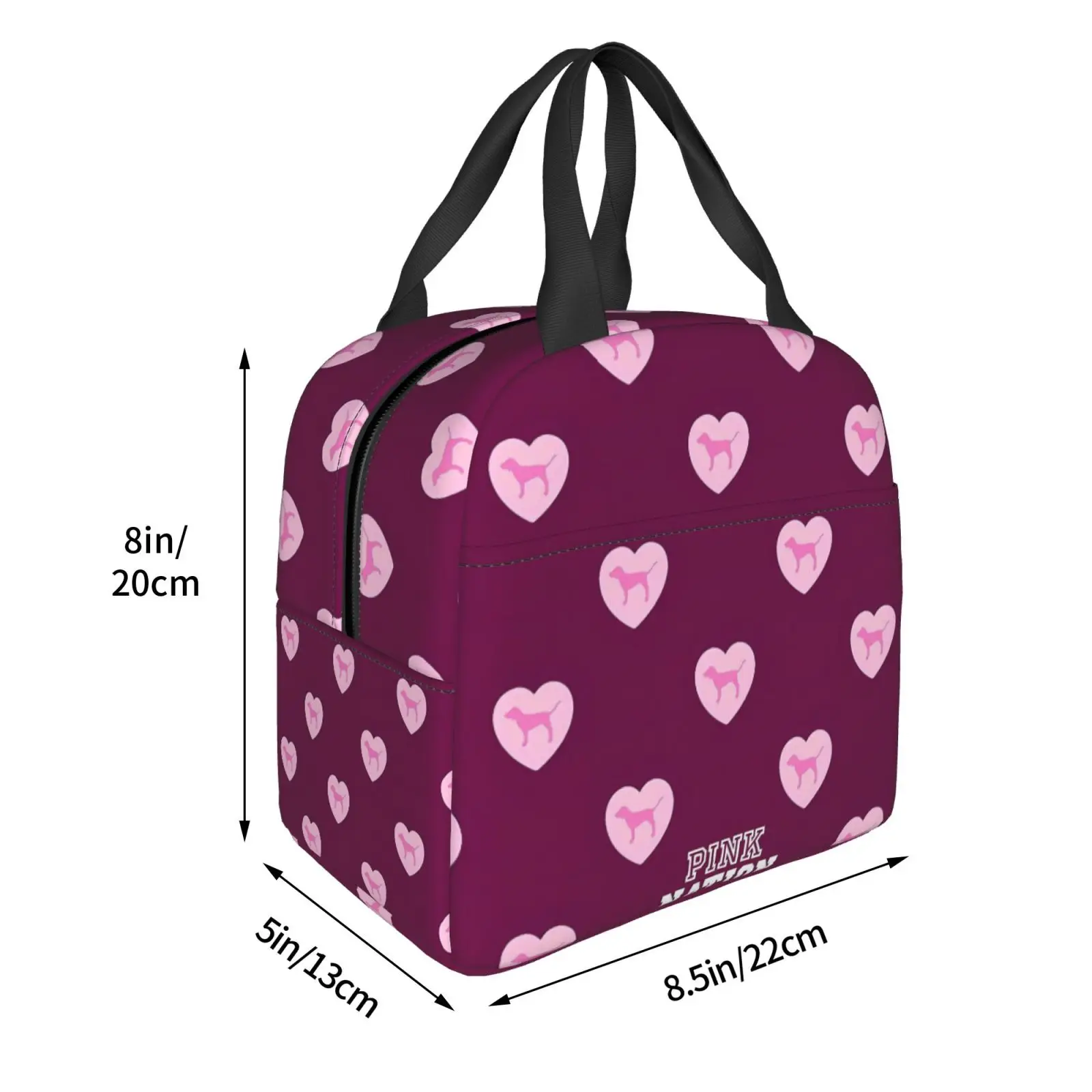 러브 핑크 도그 하트 패턴 시리즈 프린트 런치 토트백 단열 누수 방지 런치 박스 컨테이너 앞주머니 포함 소녀 소년용