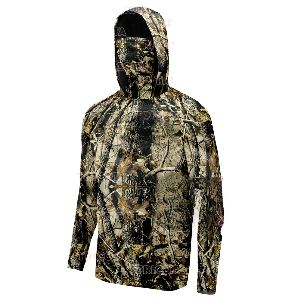 Fishing Clothes Camouflage Long Sleeve T-Shirt Face Mask Men Fishing Shirts UV Protection Breathable Hooded Angling Clothing fly fishing clothes mens hiking shirts