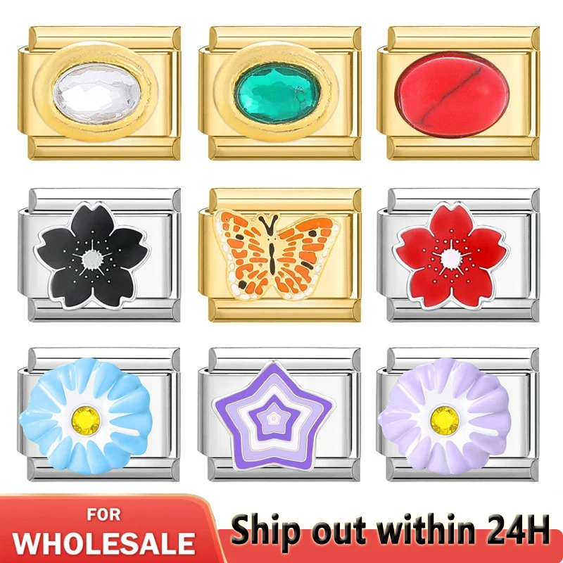 

Retro Charm Golden Gem Butterfly Colorful Flower Pattern Italian Charm Links Fit 9mm Stainless Steel Bracelet Jewelry DIY Making