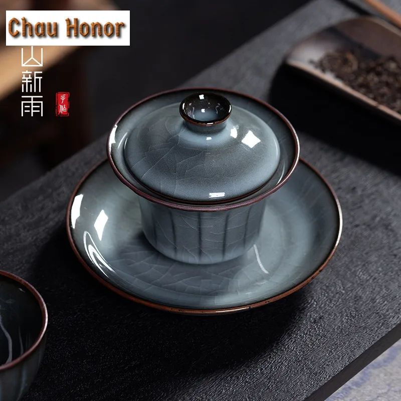 130ml Handmade Iron Tire Ice Crack Glaze Gaiwan Celadon Tea Tureen Tea Bowl With Lid Kit Tea Maker Cover Bowl Tea Services Gift