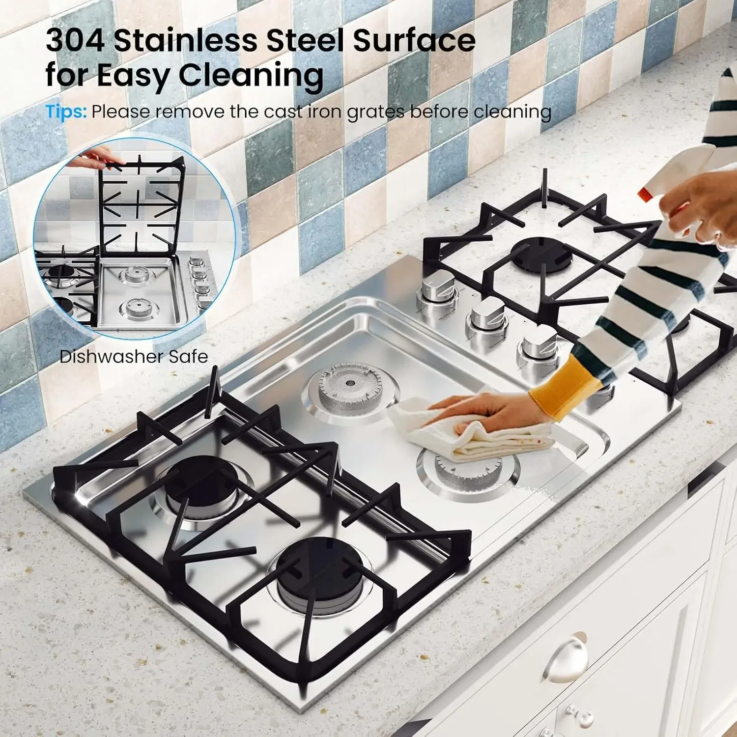 Gas Cooktop, SIMOE Gas Stove Top Bulit-in with 4 Burner, Stainless Steel, NG/LPG Convertible Gas Hob with Cast Iron Grill/Griddl 6