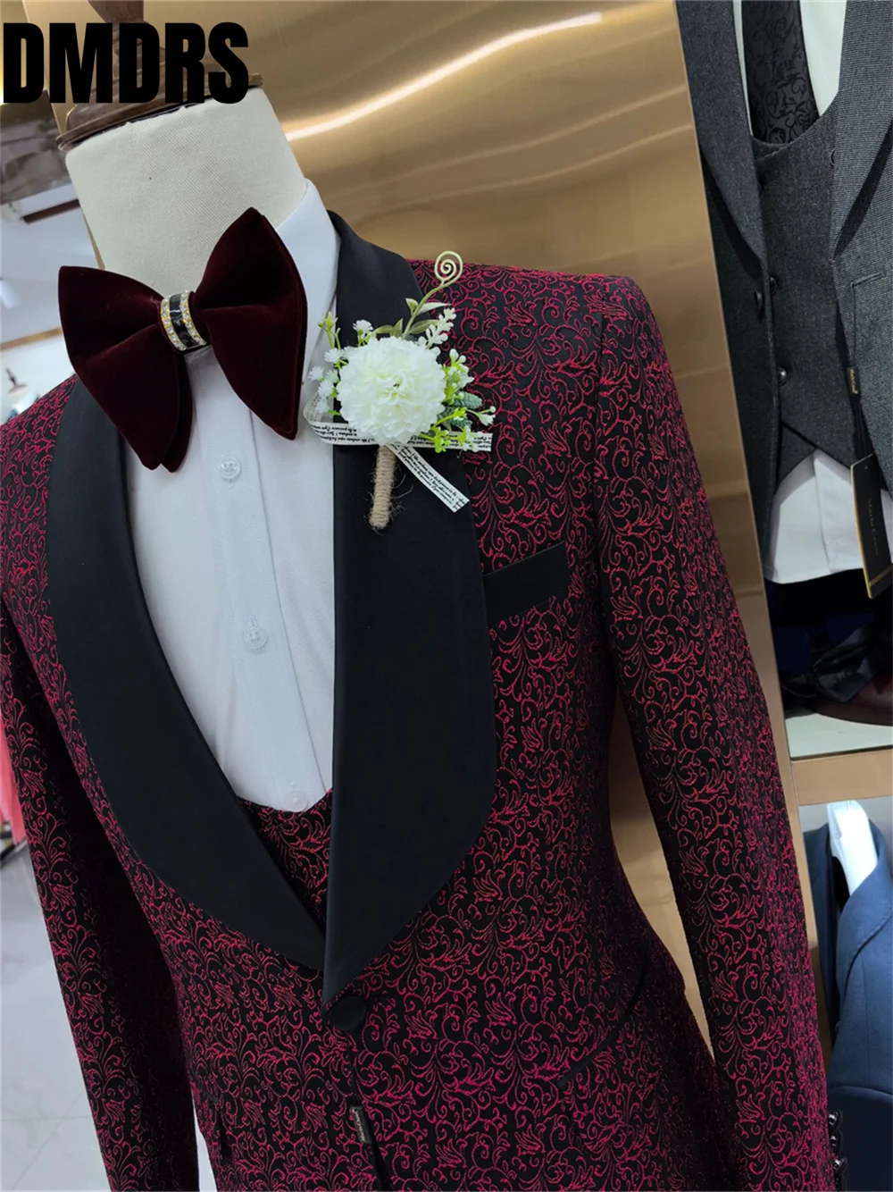 High Quality Men's Suit Set For Formal Office Meeting Classic Red Jacquard Handsome Wedding Suit Host Party Suit Blazers Pant Ve