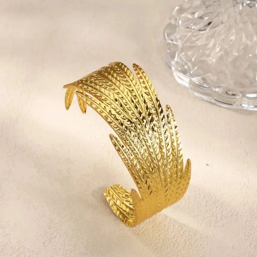 Geometric Bold Feather Cuff Bracelet For Women Gold Color Stainless Steel