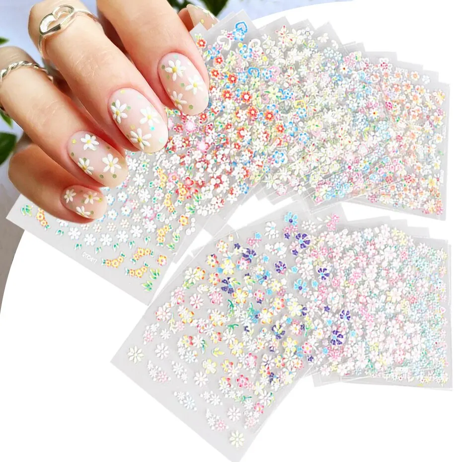 Nail Stickers 30 Pcs Colorful Flower Nail Stickers Set Small Sakura Daisy Cute Flowers Decals 3D Self Adhesive Sliders Manicure Decoration
