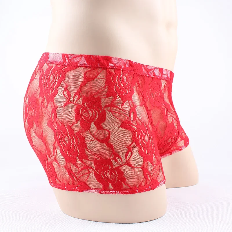 Lace transparent men's underwear red ultra-thin perspective shorts sexy U-convex breathable boxer pants