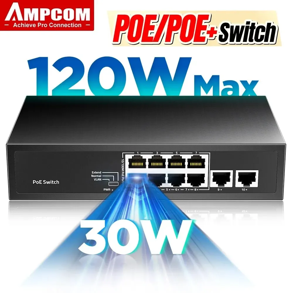 Port Poe Switch 100mbps Poe Mais Porta Uplink Ethernet 120w 3af a 30w 15w sem Metal Ampcom8