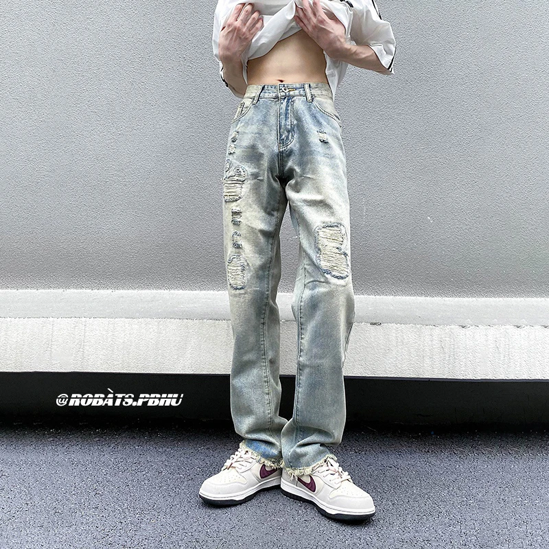 CUMUKKIYP Ripped Jeans Men Y2k Baggy Streetwear Straight Fashionable Wide Leg Denim Pants Washed Vintage Light Blue