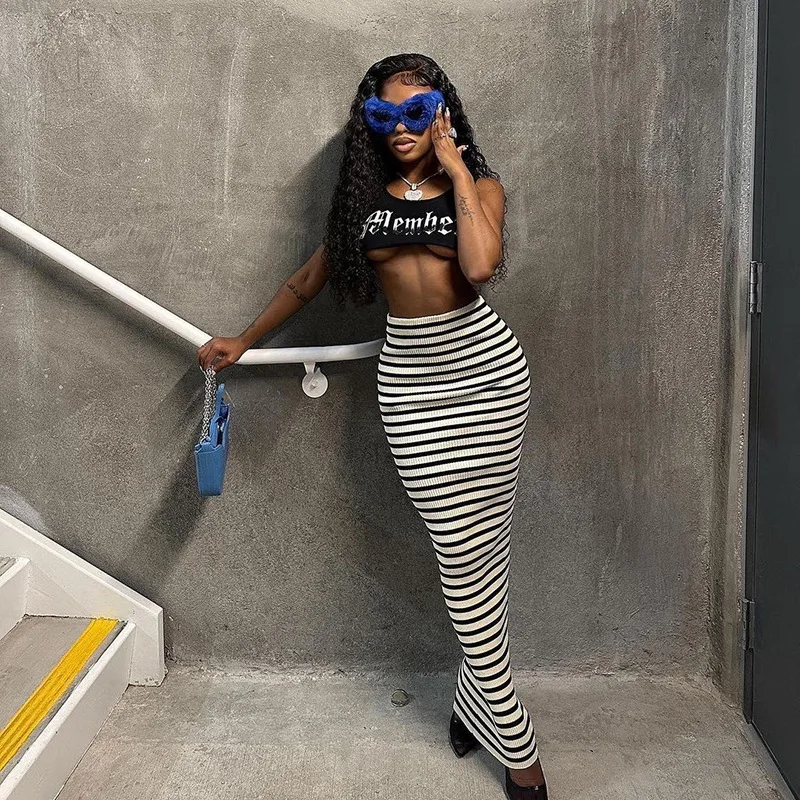 

HEZIOWYUN Womens Vintage Retro Summer Knitted Maxi Long Skirts Elastic Waistband High Waist Striped Straight Skirt Streetwear