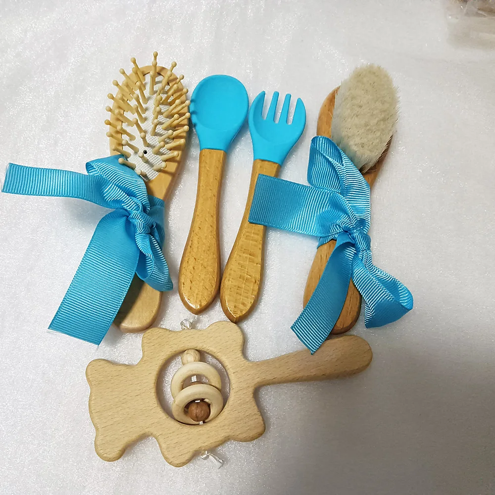 Wooden Rattle with Personalized Name for Baby, Silicone Spoon and Fork Set, Sensory Toy, Newborn Hair Brush, Kids Gift