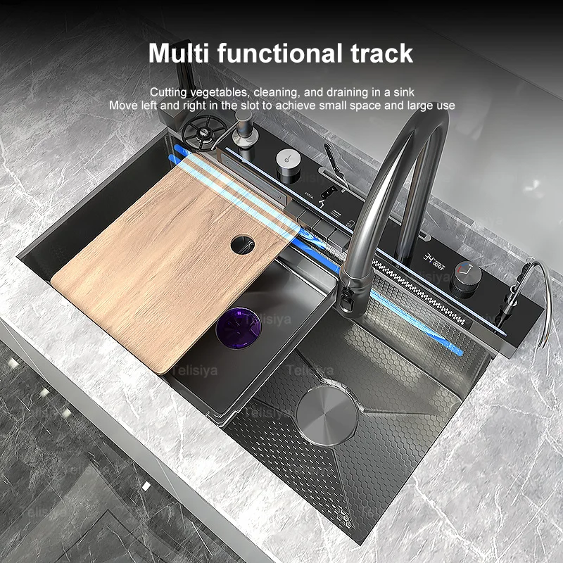 Stainless Steel Kitchen Sink Double Waterfall Digital Display Large Single Sink Honeycomb Embossed Pull Out Faucet Cup Washer 2