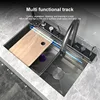 Stainless Steel Kitchen Sink Double Waterfall Digital Display Large Single Sink Honeycomb Embossed Pull Out Faucet Cup Washer 2