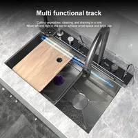 Stainless Steel Kitchen Sink Double Waterfall Digital Display Large Single Sink Honeycomb Embossed Pull Out Faucet Cup Washer 2