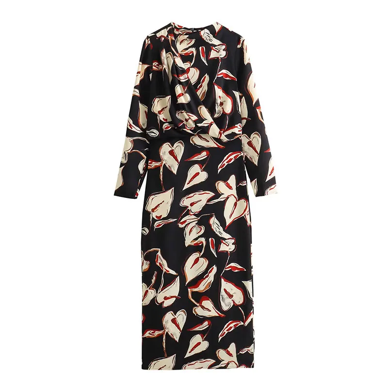 

Women 2023 Autumn New Fashion Floral Print Midi Dress Vintage O-Neck Long Sleeve Casual Female Dresses Vestidos Mujer