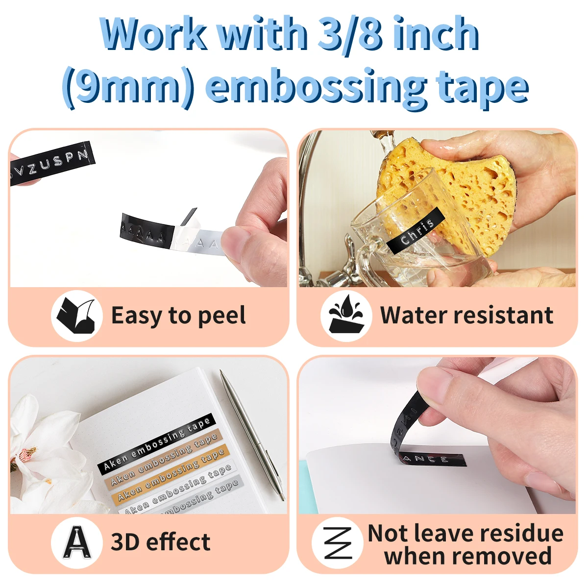 Dymo 3D 라벨 테이프, 오메가 엠보싱 라벨 메이커 포함, 자체 접착 라벨 프린터, Dymo 12965 엠보싱 라벨 메이커와 유사, 9mm