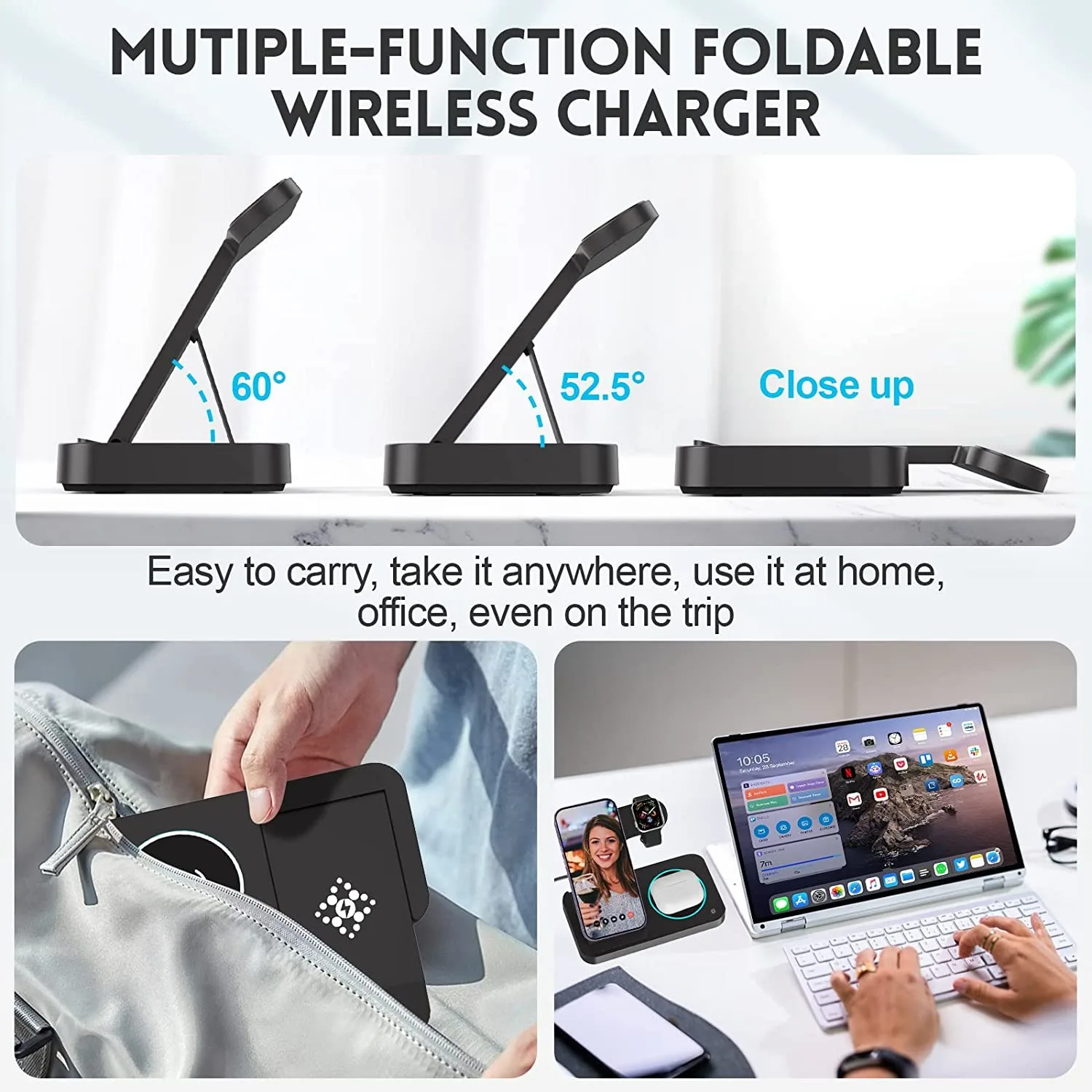 15W 3 In 1 Fast Wireless Charger Stand For iPhone 14 13 12 11 X 8 Apple Watch Foldable Charging Dock Station for Airpods IWatch