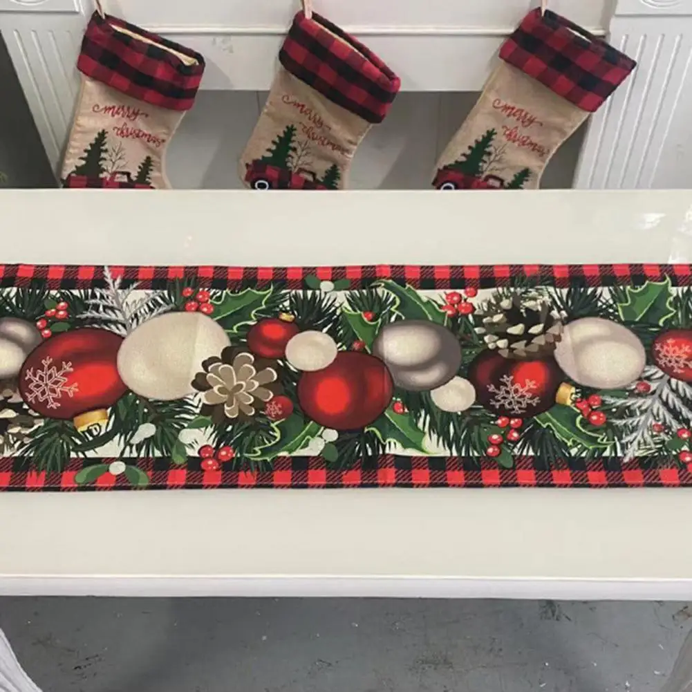 

Christmas Ball Table Runner Festive Christmas Table Runner Green Elf Hands Tree Ball Print Seasonal Rectangle Faux Flax Xmas