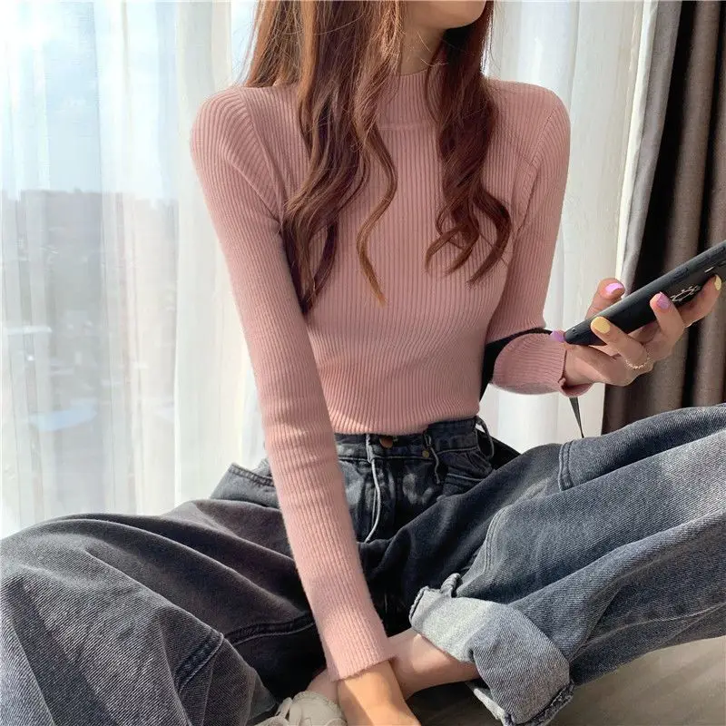 Autumn Mock Collar Long Sleeve Skinny Elastic Casual Tops Bottoming Sweater Women Basics Knitted Shirts Warm Knitwear Pullovers