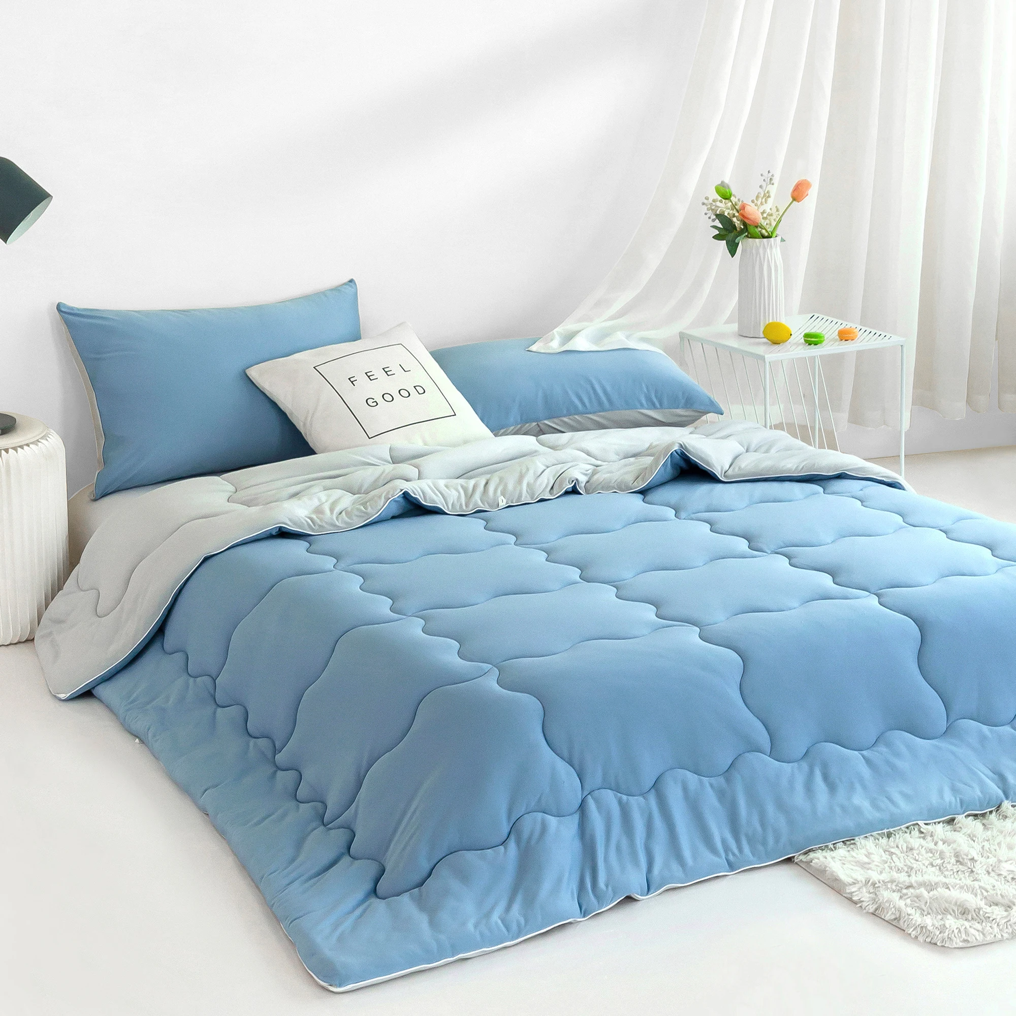 

Dual-Sided Reversible comforter bedding sets,Light blue and grey Jersey Knit Cotton Fabric,Twin/Twin XL Size.