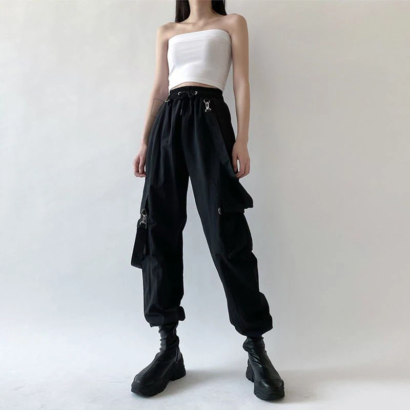 Emo Crop Top Black Cargo Pants Egirl Suit Alt Clothes Sexy Gothic Overalls T-shirt Techwear Joggers Punk Y2k Sweatpants Hip Hop