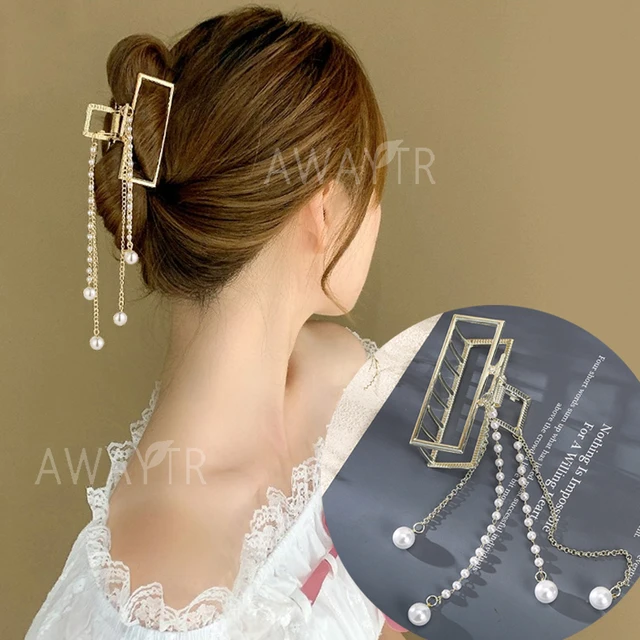 AWAYTR Rhinestone Metal Hair Claw Crab Clip For Women Girls Shiny Barrette Hairpin Crystal Pearl Hair Accessories Jewelry Gift 1198E 7cm