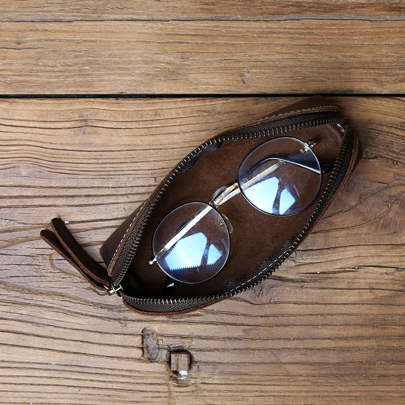 Retro Genuine Leather Pen Bag Crazy Horse Leather Pen Box Storage Bag Zipper Glasses Box Learning Supplies Stationery Wallet Bag