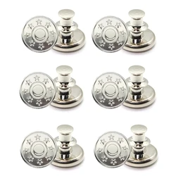 Set of 6 Adjustable Vintage Metal Jeans Buttons - No-Sew Garment Accessories (Silver-Star)