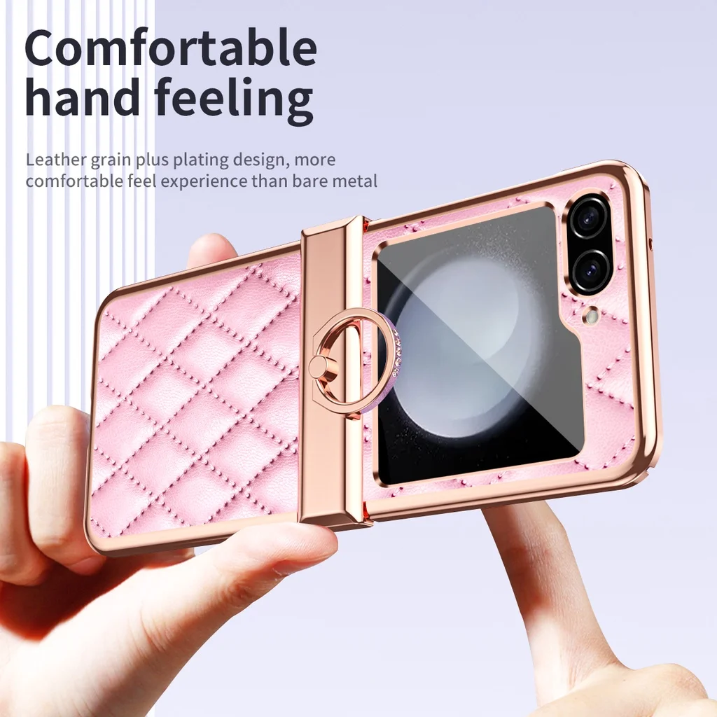 Fashion Leather Case For Samsung Galaxy Z Flip 5 Flip 4 Flip 3 5G Diamond Plating Frame With Ring Hinge Cover