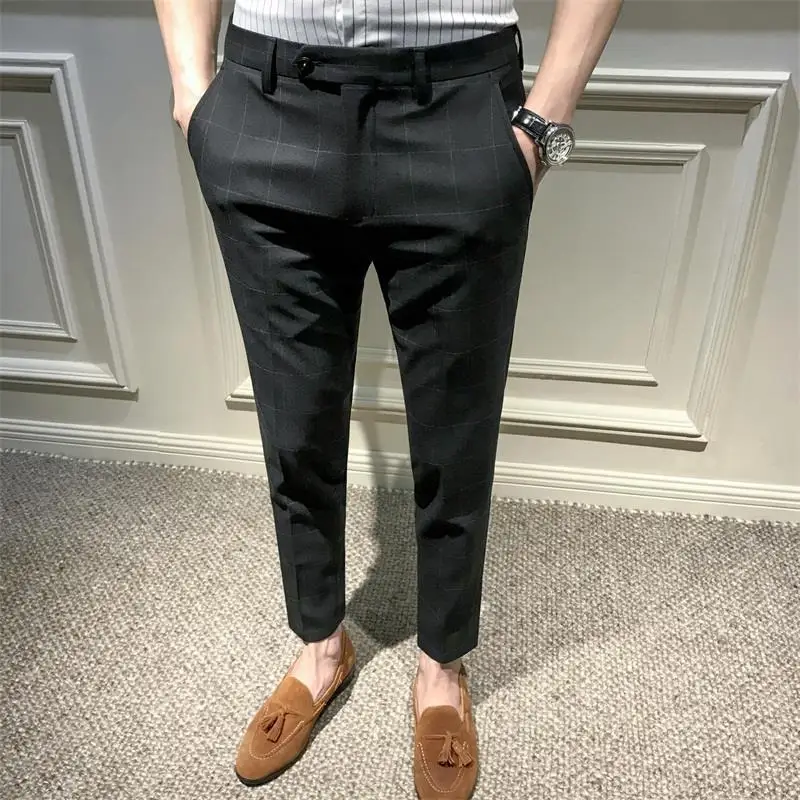 Men Clothing Fashion Plaid Business Casual Slim Formal Suit Pants Summer Vintage British Style Pocket Trousers Pantalones Hombre