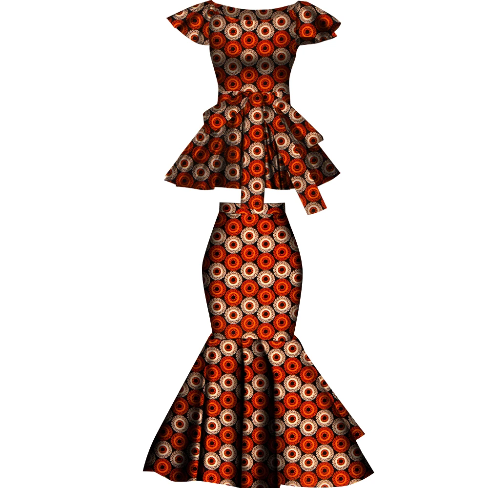 African Two Pcs Set Flared Skirt and Top Dashiki Wax Print Cotton Plus Size Party Clothing WY10076